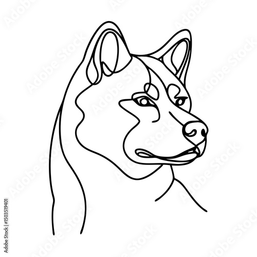 Akita Inu dog portrait line art. Elegant Akita Inu head illustration in single line drawing style.  Akita Inu canine image perfect for pet lover designs and prints.