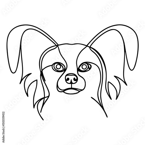 Papillon dog portrait line art. Elegant continuous line drawing of Papillon canine.  Stylish Papillon illustration for pet lovers and dog breed enthusiasts.