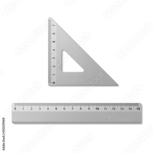 Metal ruler and 45 degree triangle ruler isolated on a transparent background, PNG. High resolution.