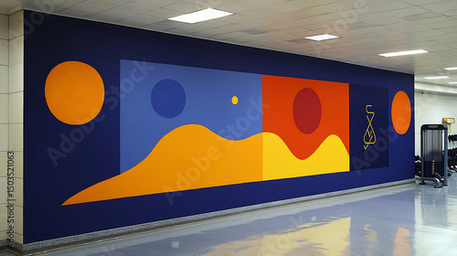 Rehabilitation gym mural depicts abstract representation of strength recovery progress artwork along wall adjacent exercise equipment us flowing shape motivating symbol uplift patient staff during