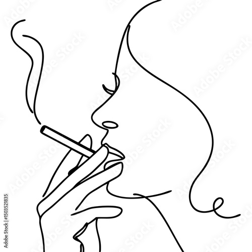 Woman smoking cigarette, line art illustration, black and white, for health campaigns