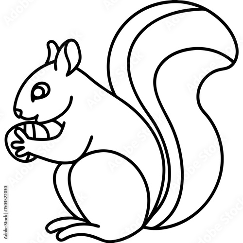 Line art squirrel eating a nut, for children's books