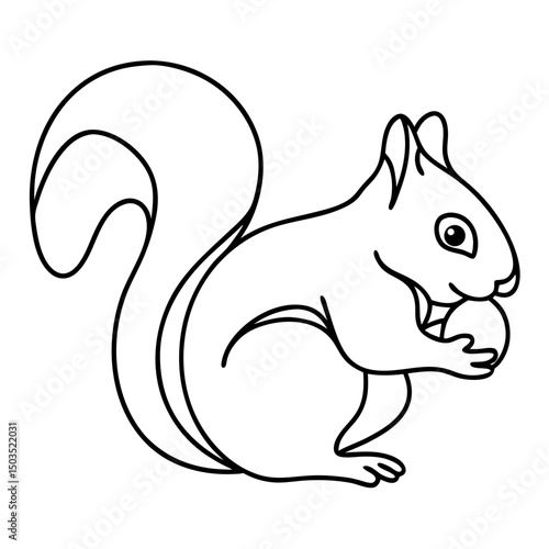 Squirrel eating nut, line art illustration, black and white, for children's books