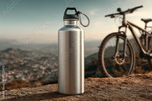 Hydration bottle on a mountain with a blurred bicycle background