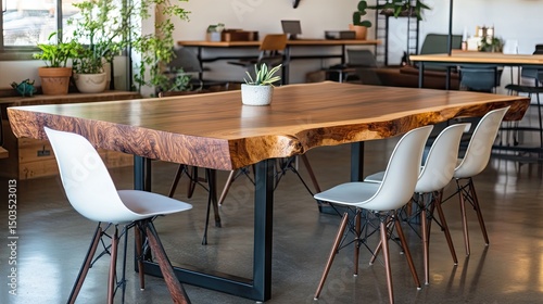Large live edge wood dining table with modern chairs.