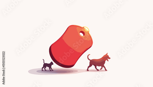 Pet fitness tracker tag with playful pets on white background, product design