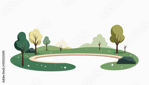Minimalistic park scene with abstract trees and pond, peaceful solitude