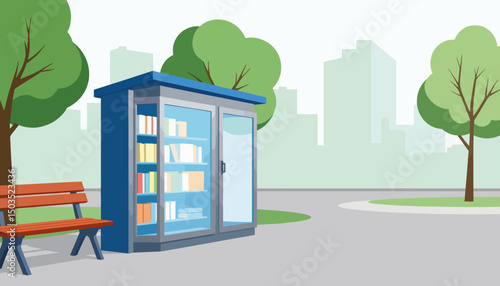 Public library kiosk in urban park, promoting community knowledge