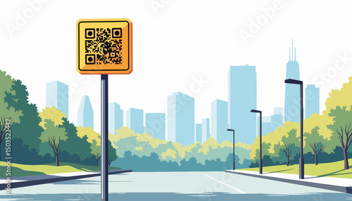 Vector illustration of QR code street sign in urban landscape, connectivity