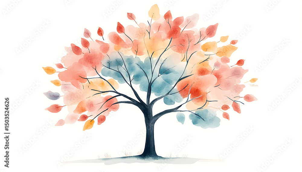 Fototapeta premium Watercolor Autumn Tree with White BG.