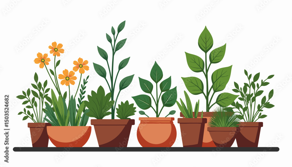 Vibrant indoor plants in geometric pots on shelf, urban gardening Vibrant indoor plants in geometric pots on shelf, urban gardening
