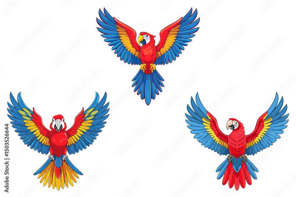Fototapeta premium A cartoon Macaw with its wings spread out, Scarlet macaw flying, cartoon bird of tropical jungle. Big yellow, red and blue parrot, flight of cartoon scarlet macaw, set