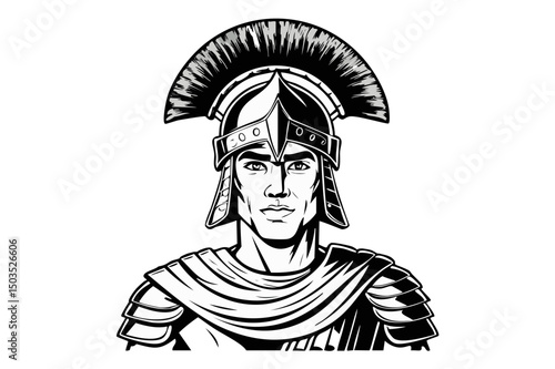 Black and white roman centurion,  Portrait of a Roman soldier in a helmet with crest, Roman legionary soldier