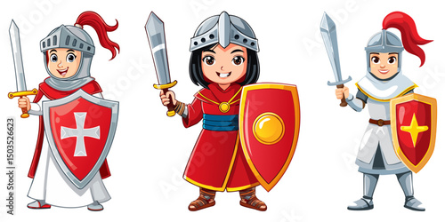 Cute Knight with Sword and Shield, Medieval armored swordsman, medieval knights wearing armor, helmet, sword in hand in protective suit, set