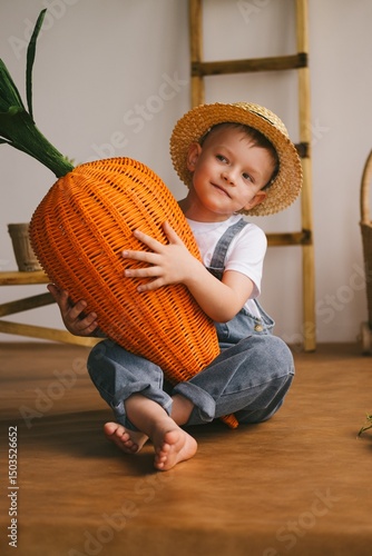 A boy with a carrot toy is photographed as a farmer and a rabbit. Photo studio. Tinting