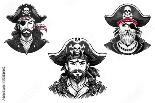 Pirate head with hat sailor and Eye Patch and Beard, Bearded pirate captain with captain's hat and skull illustration, set black and white