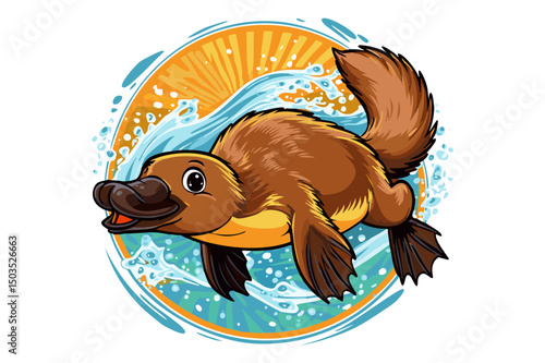 Platypus, duck-billed platypus (Ornithorhynchus anatinus) Cute swimming Platypus, platypus dives to the bottom of the lake with stones, algae and tree trunks, Endemic species of Australia and Tasmania