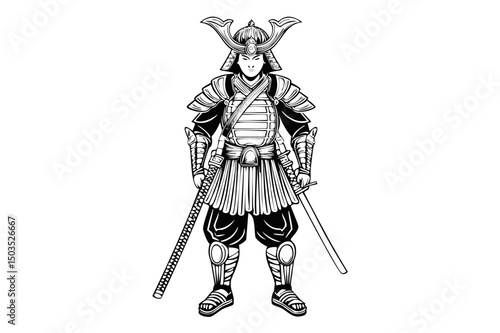 Black and white portrait of a Japanese samurai warrior or shogun in helmet and armor