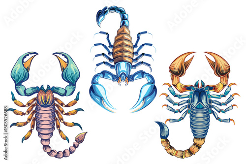 Aggressive Dangerous Scorpion, Predatory animal in a danger pose, scorpion with its tail raised, showcasing its stinger, set