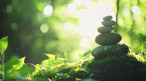 Stacked stones in a tranquil forest setting.