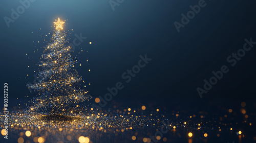 Christmas tree with glowing lights and star in snowy winter night landscape for festive backgrounds and seasonal design

