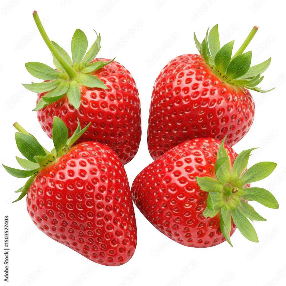 Four ripe strawberries with green leaves isolated on transparent background Four ripe strawberries with green leaves isolated on transparent background