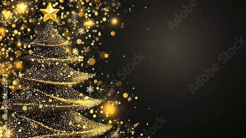 Glowing Christmas tree with lights and star on snowy ground at night with falling snow – festive background for holiday season and winter design projects

