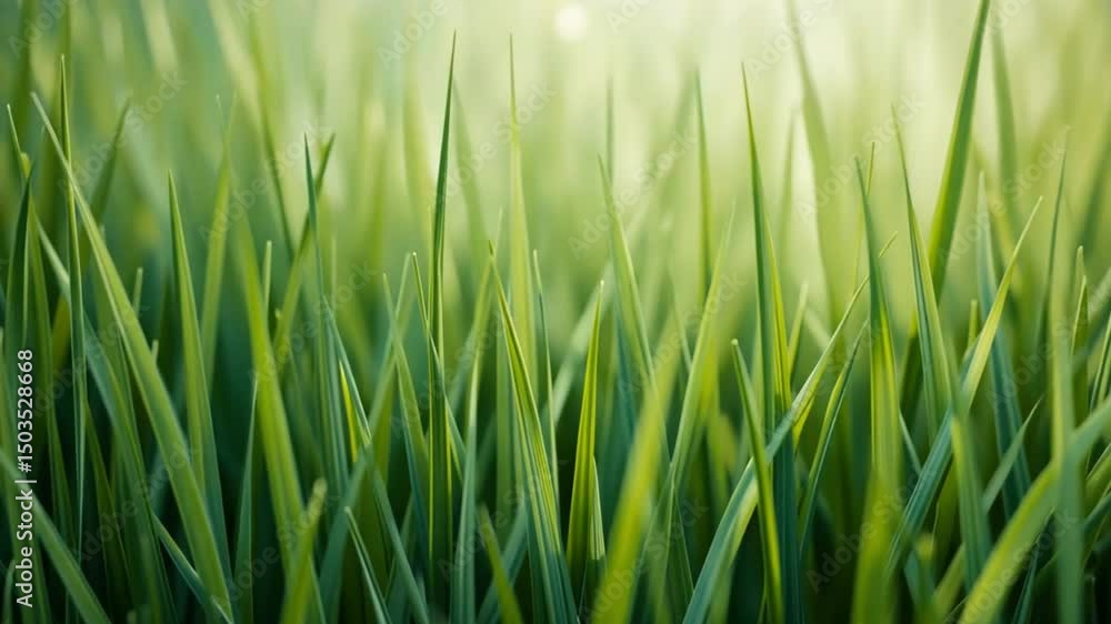 A close up shot of vibrant green grass blades with soft focus background in the sunlight A close up shot of vibrant green grass blades with soft focus background in the sunlight