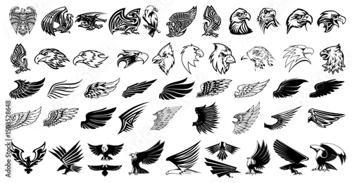 Eagle Head and Wing Silhouette Pack: Diverse collection of intricately illustrated eagle heads, wings, rendered in grayscale, offering a range of styles from detailed realism to artistic abstraction