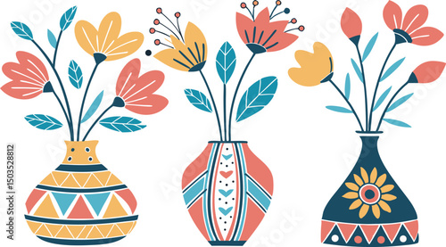 Flower in a vase set banner. Different flowers. Glass vases with water. Cute colorful icon collection. Daisy, tulip, gerbera. Ceramic Pottery Glass decoration. White background. Flat design. Vector