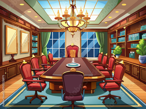 vector of Luxurious conference room with mahogany table and leather chairs.