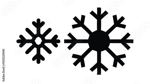 Two black snowflake symbols of different sizes on a white background.