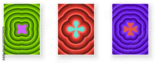 Three abstract flower icons with ripple backgrounds in green, red, and purple. Vector illustration for design themes.