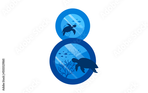 Number 8 with world oceans' day background theme, celebrated every year on June 8th. Ocean's Day Poster Design. Save oceans. Ocean life