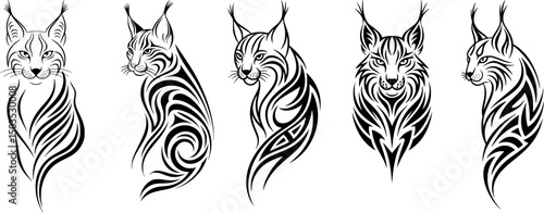 Modern Tribal Lynx cat Tattoo Design vector set – Abstract Minimalist Line Art of Wild Cat with Intricate Contour and Monochrome Aesthetic – Transparent Background Vector Illustration