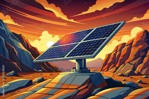 Solar panels generate clean energy vector under a partly cloudy sky at dusk in a field illustration