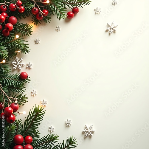 Festive Christmas Border with Berries and Snowflakes