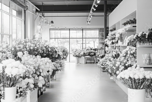 Floral shop interior with abundant flower arrangements in monochrome