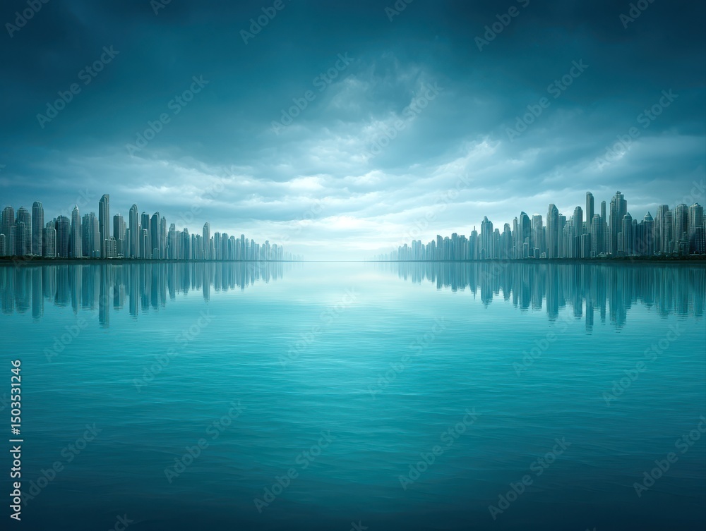 Fototapeta premium Tranquil city skyline reflected in calm, blue water under cloudy sky.