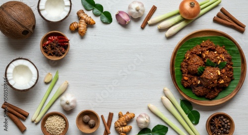 Wallpaper Mural Traditional spice ingredient layout with beef rendang curry coconut garlic turmeric chili lemongrass leaf recipe on wood background Torontodigital.ca