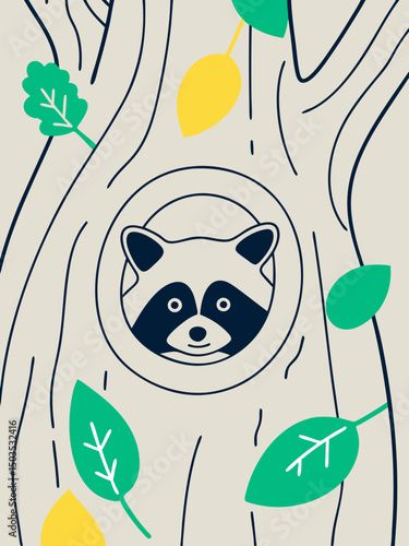 Cute Raccoon Peeking From Tree Hollow Illustration