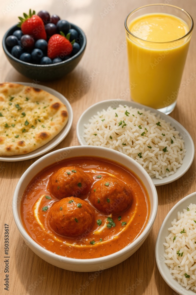 Malai kofta served with jeera rice, garlic naan, mango lassi, and tropical berry bowl on bright table
Malai kofta served with jeera rice, garlic naan, mango lassi, and tropical berry bowl on bright table