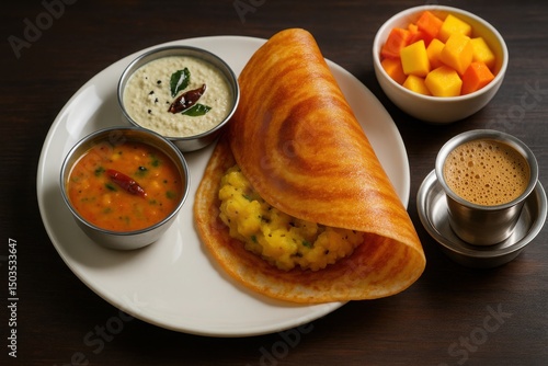 Masala dosa served with coconut chutney, sambar, filter coffee, and papaya mango bowl on dark table

