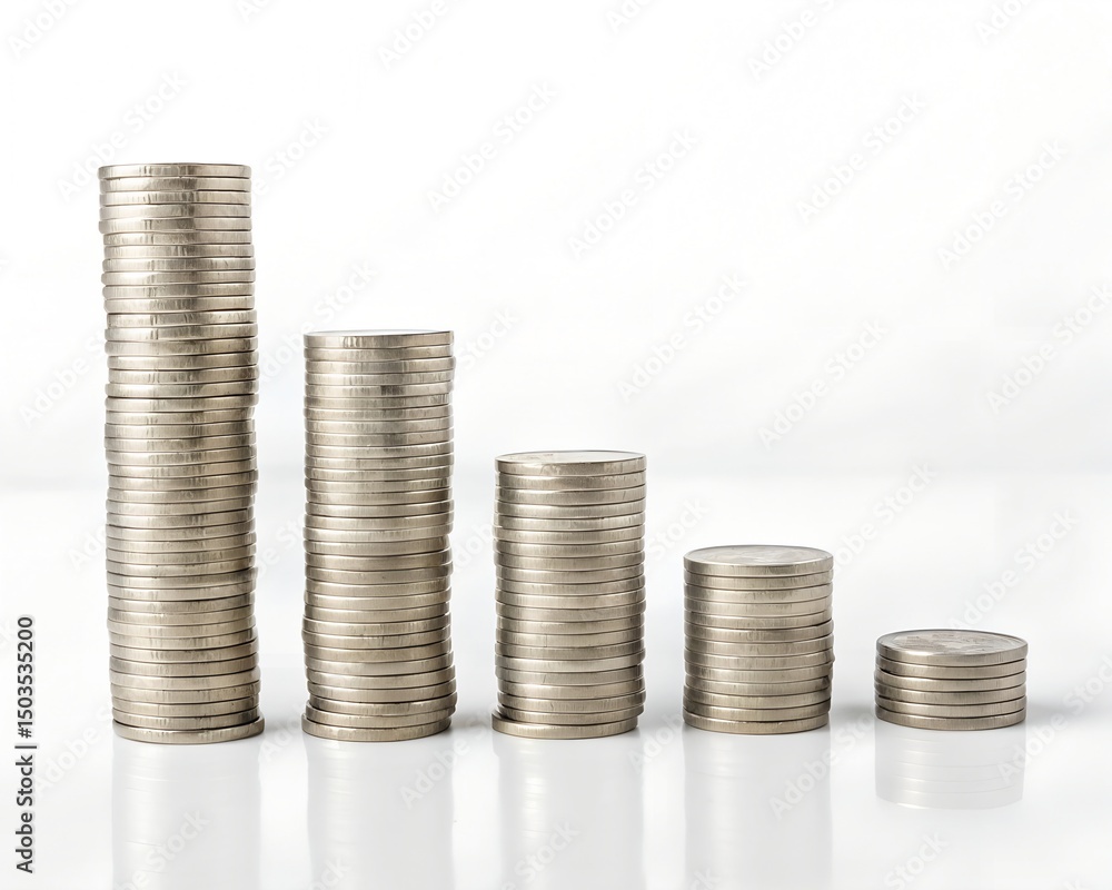 Ascending stacks of silver coins on white background. Financial growth, savings, investment concept. Ascending stacks of silver coins on white background. Financial growth, savings, investment concept.