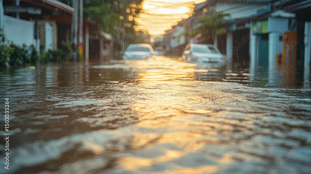 Fototapeta premium A flooded city street after a heavy storm, Natural Disaster, Chaotic and powerful