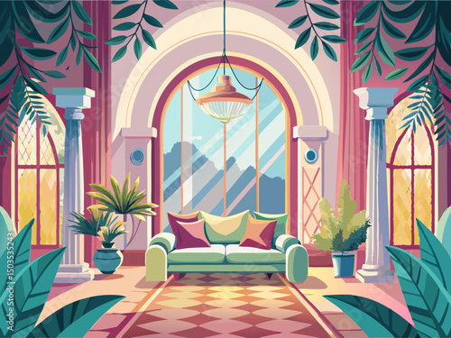 vector of A beautiful room with an archway, a sofa, and a soft color palette. Suitable for wedding theme, event background, beautiful and stylish interior design...