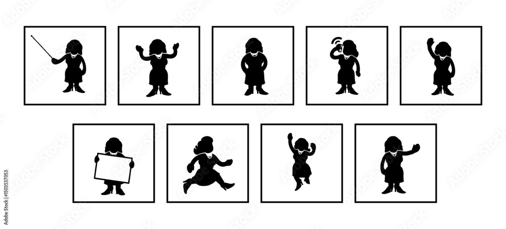 Obraz premium Business Women Silhouette Icon Set: versatile vector collection of playful icon figures, each expressing a different action or emotion. Perfect for adding a touch of whimsy to websites & presentations