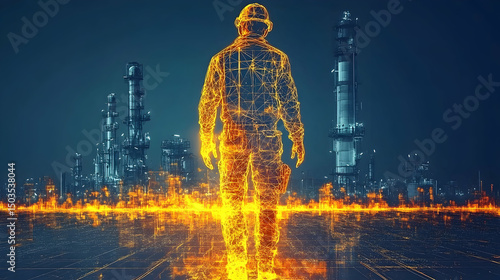 A worker's orange wireframe figure overlooks an oil refinery with towers in dark blue light, glowing grid floor