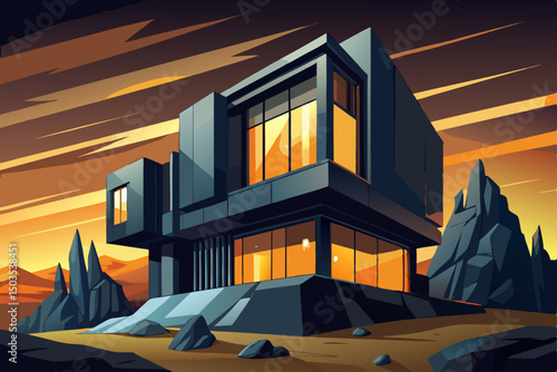Modern black cube luxury house exterior vector with illuminated windows at dusk sunset