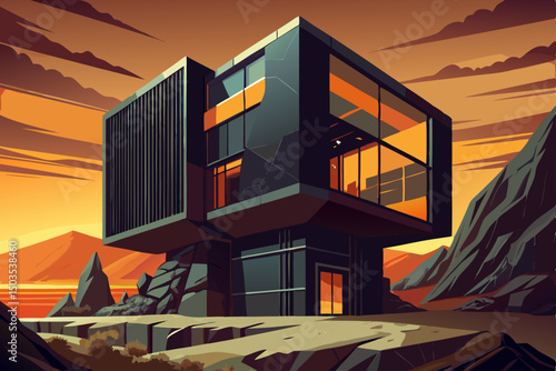 Modern black cube luxury house exterior vector with illuminated windows at dusk sunset